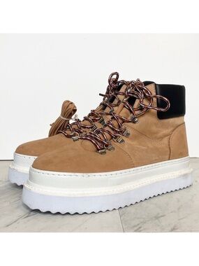 New! Schutz Marlua Platform Lace Up Tan White Boot 8B